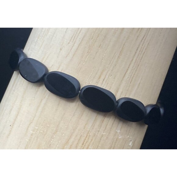 Vtg Black Onyx Bracelet Flat Bevel Bead Tests Sterling Silver Spring Ring 7.5 in - Picture 5 of 8